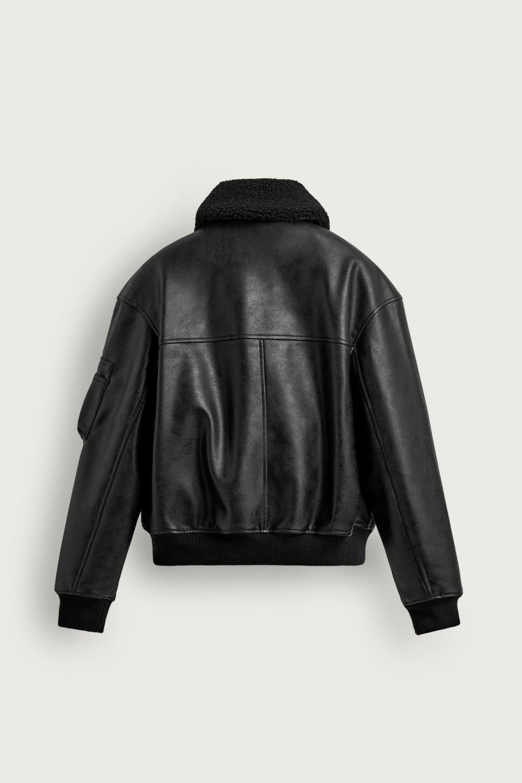 Zara LEATHER EFFECT JACKET WITH DETACHABLE COLLAR — Black