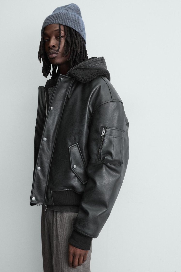 Zara LEATHER EFFECT JACKET WITH DETACHABLE COLLAR — Black