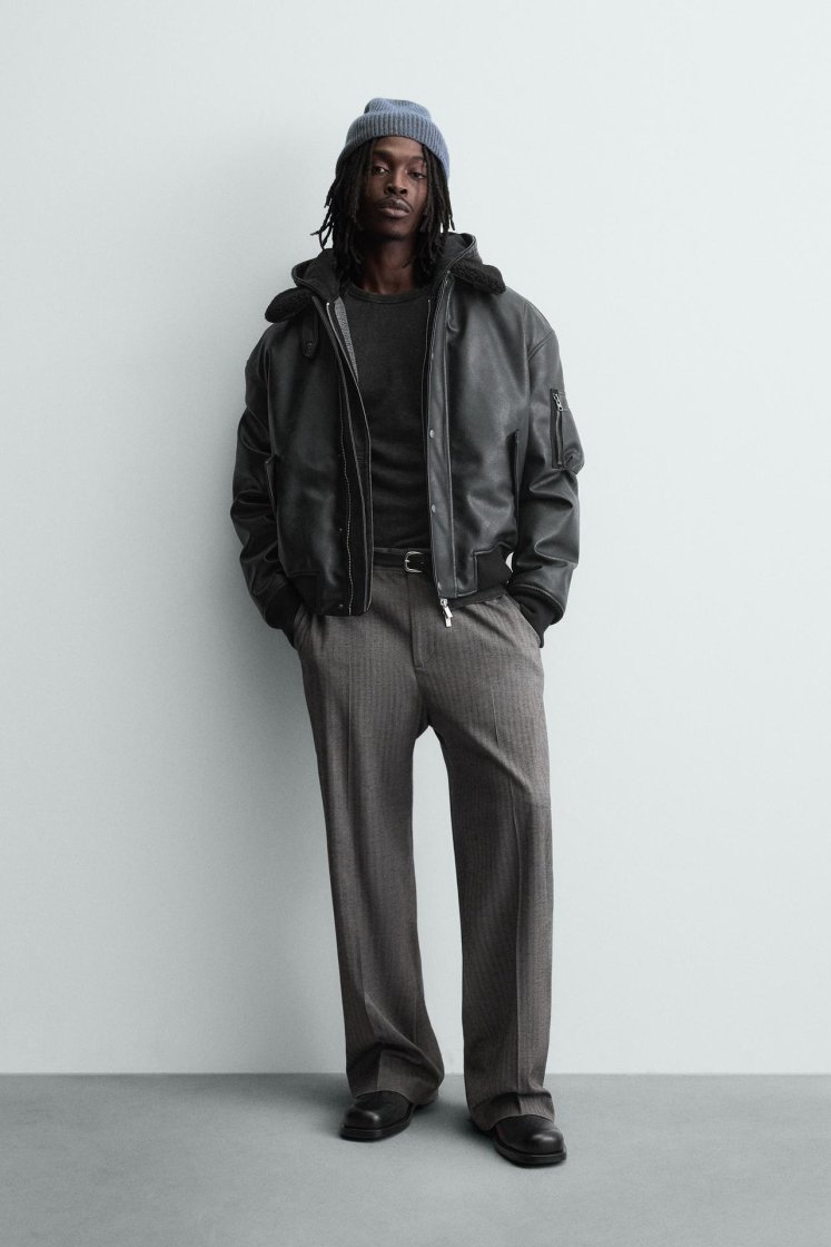 Zara LEATHER EFFECT JACKET WITH DETACHABLE COLLAR — Black