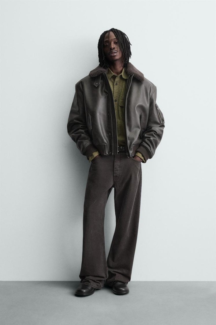 Zara LEATHER EFFECT JACKET WITH DETACHABLE COLLAR — Brown