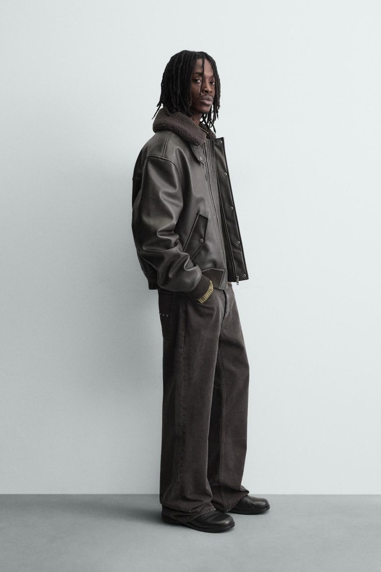 Zara LEATHER EFFECT JACKET WITH DETACHABLE COLLAR — Brown