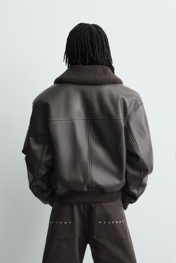 Zara LEATHER EFFECT JACKET WITH DETACHABLE COLLAR — Brown