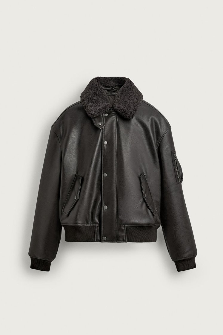 Zara LEATHER EFFECT JACKET WITH DETACHABLE COLLAR — Brown