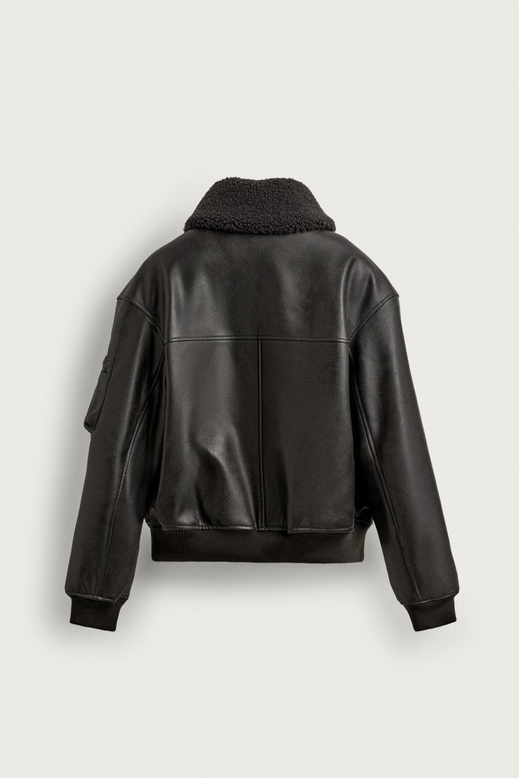 Zara LEATHER EFFECT JACKET WITH DETACHABLE COLLAR — Brown