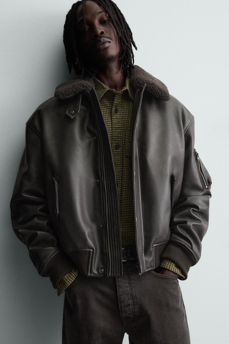 Zara LEATHER EFFECT JACKET WITH DETACHABLE COLLAR — Brown