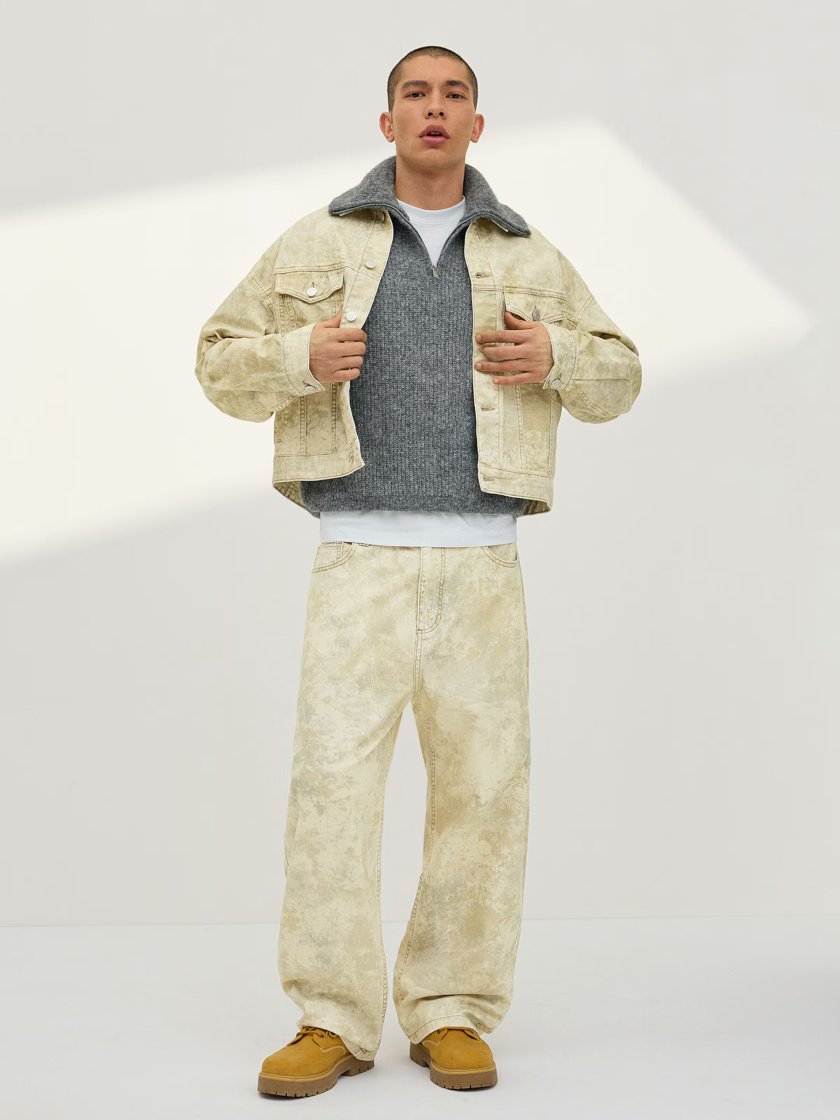 Bershka Acid Wash Denim Jacket — Light Khaki
