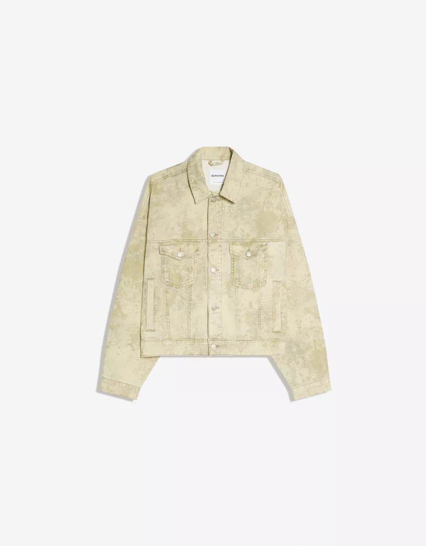 Bershka Acid Wash Denim Jacket — Light Khaki