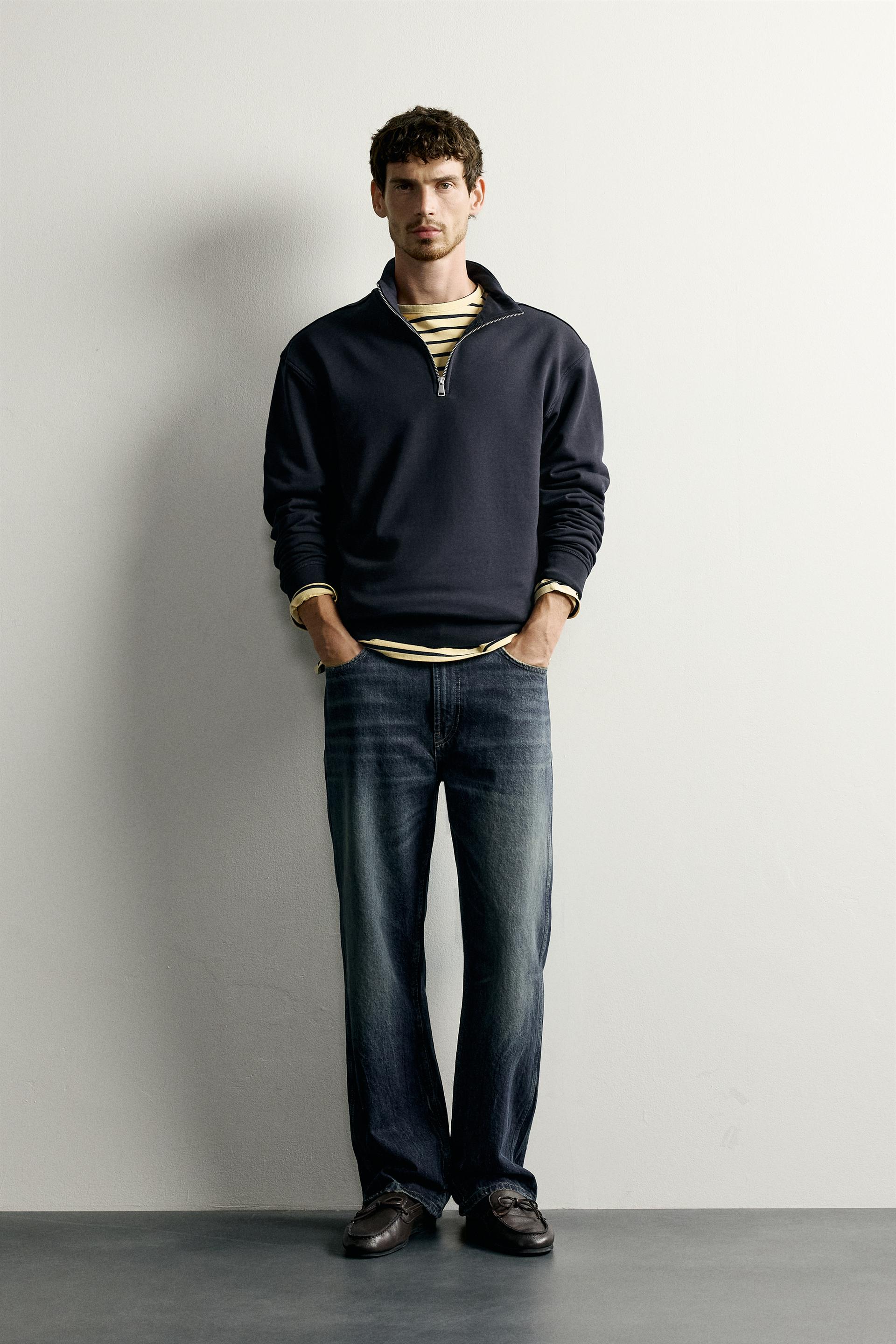 Zara Zip-Neck Basic Sweatshirt — Bleu marine