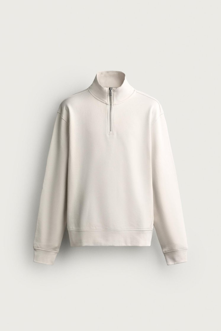 Zara Zip-Neck Basic Sweatshirt — Blanc cassé