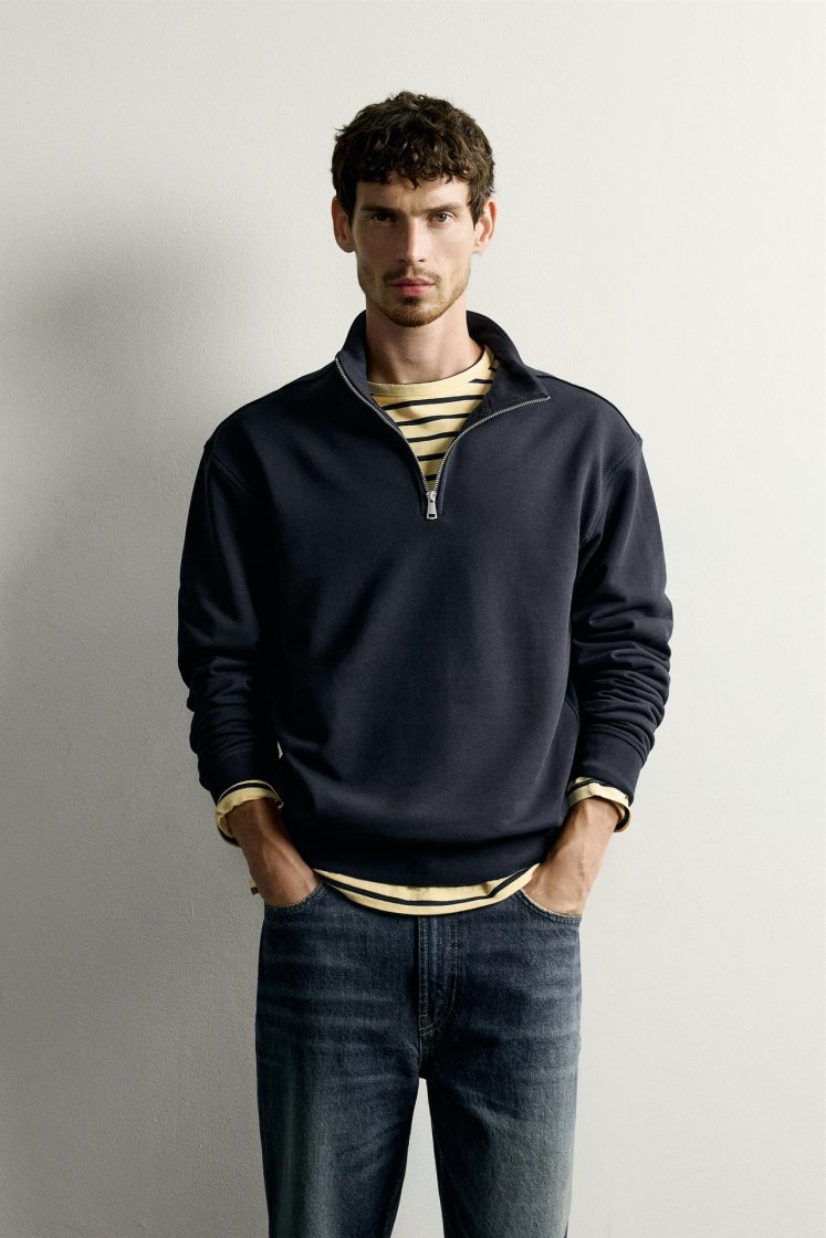 Zara Zip-Neck Basic Sweatshirt — Bleu marine