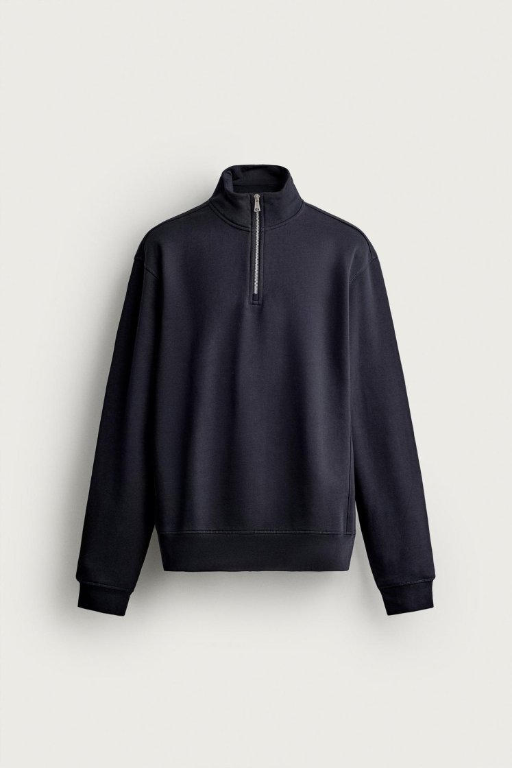 Zara Zip-Neck Basic Sweatshirt — Bleu marine