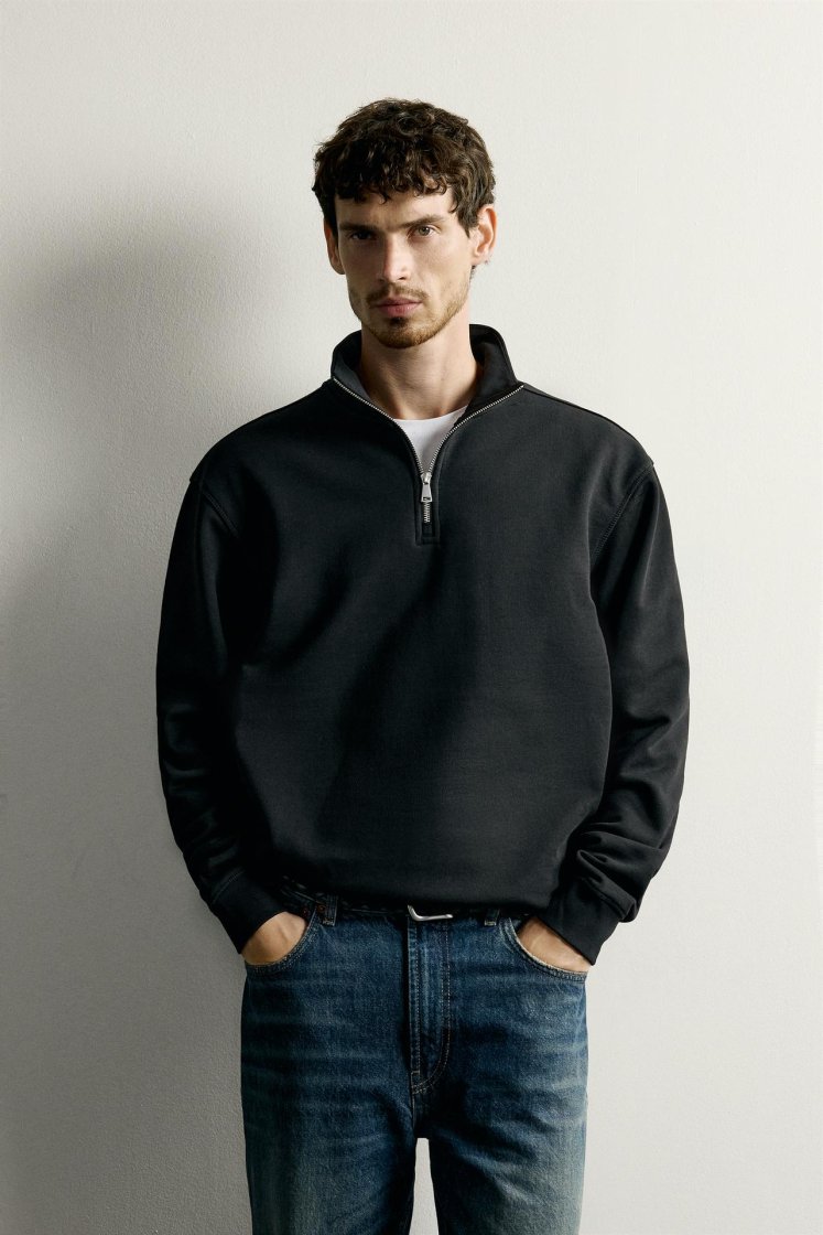 Zara Zip-Neck Basic Sweatshirt — Noir