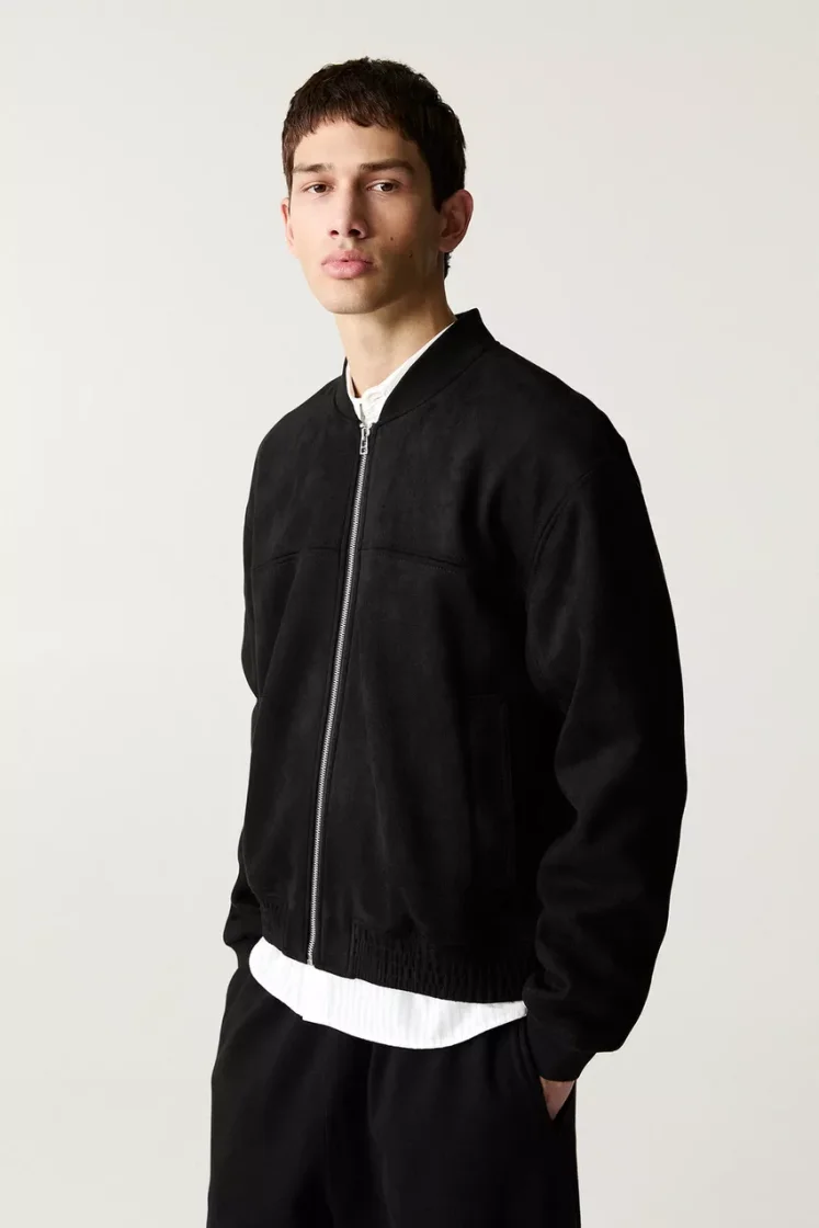 Pull&Bear Faux Suede Bomber Jacket — Black