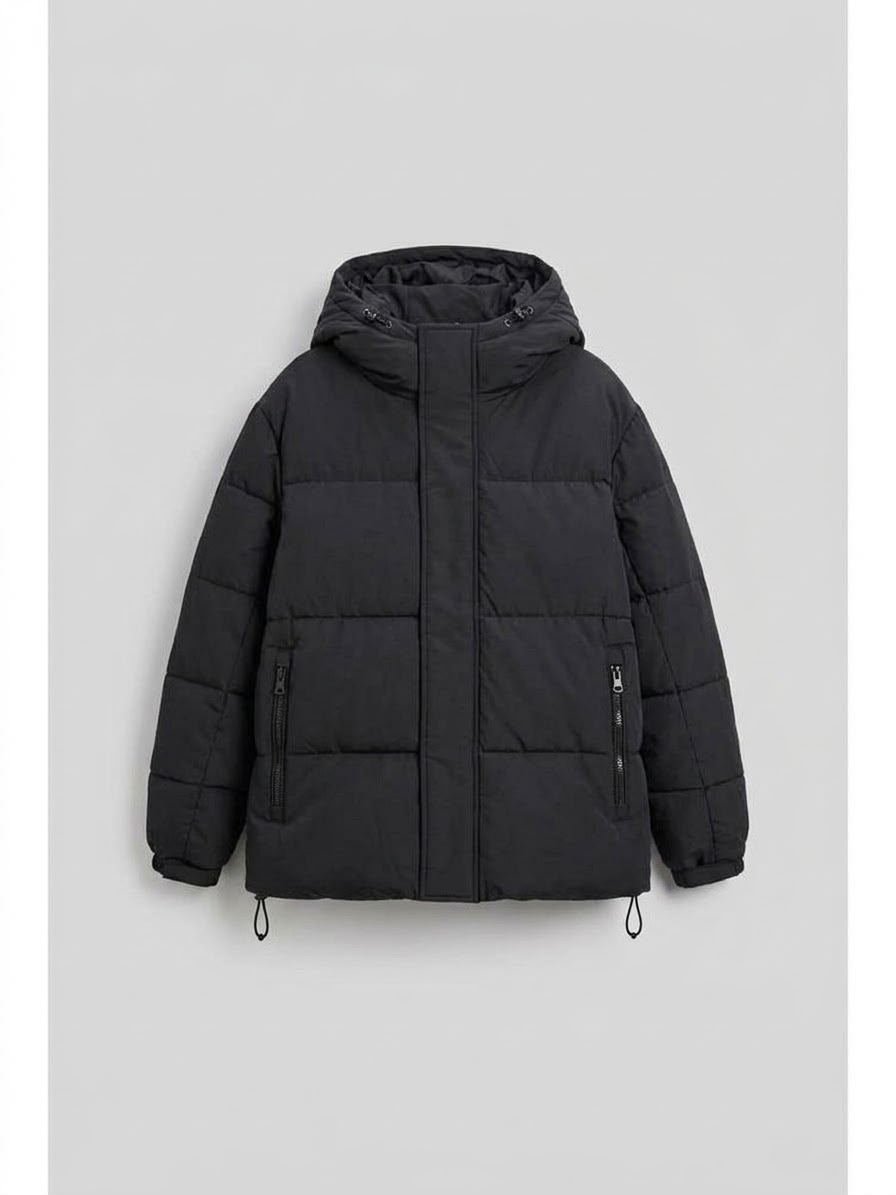 Zara Hooded Puffer Jacket — Black