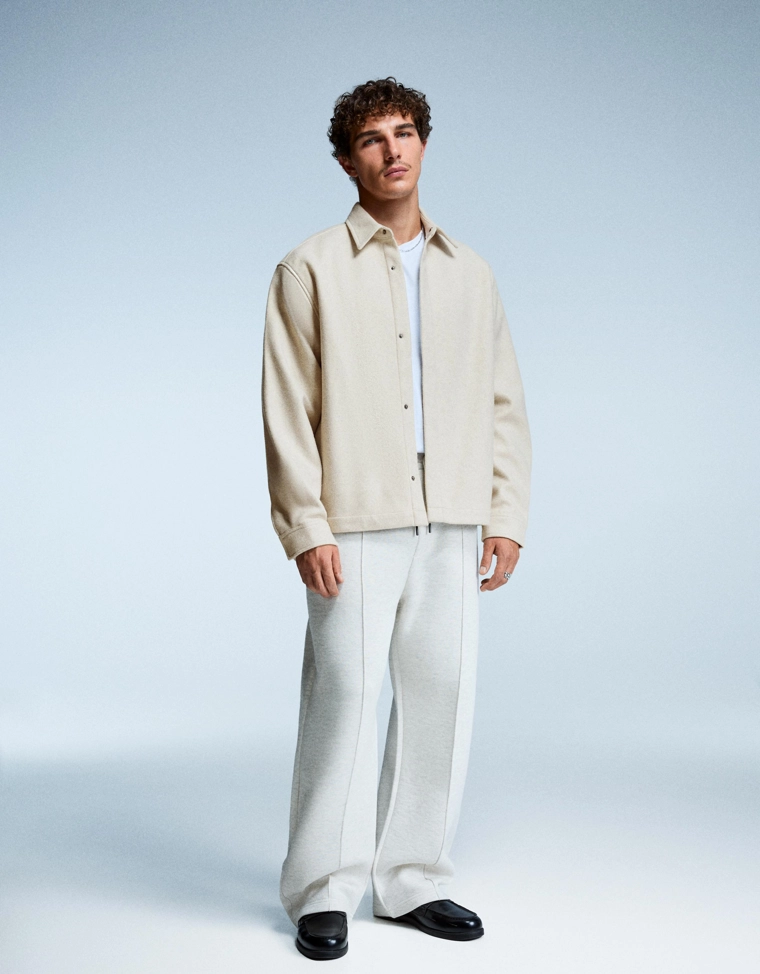 Bershka Sand Flannel Overshirt — Off White