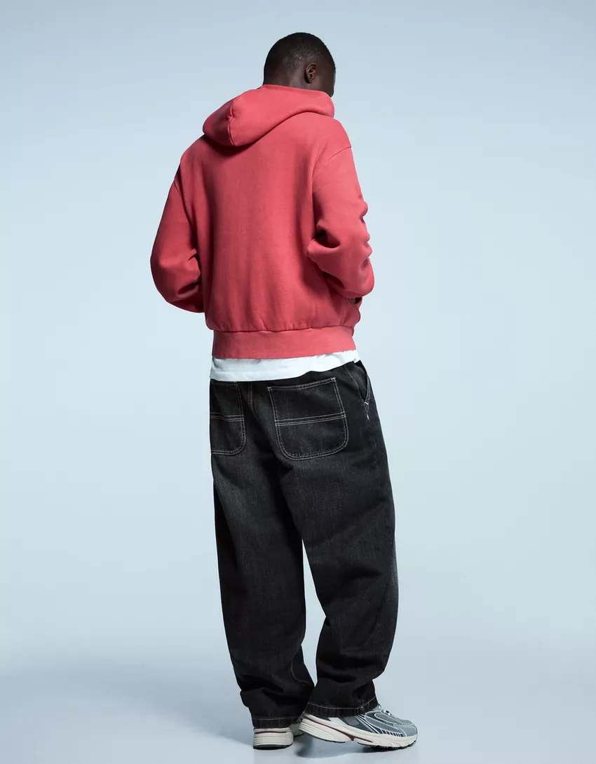 Bershka Washed Zip-Up Hoodie — Red