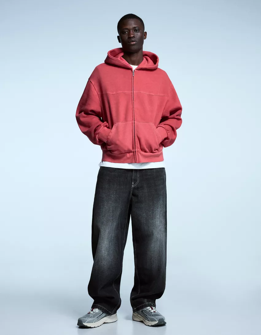 Bershka Washed Zip-Up Hoodie — Red