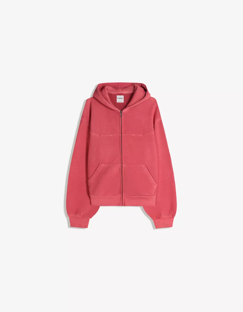 Bershka Washed Zip-Up Hoodie — Red