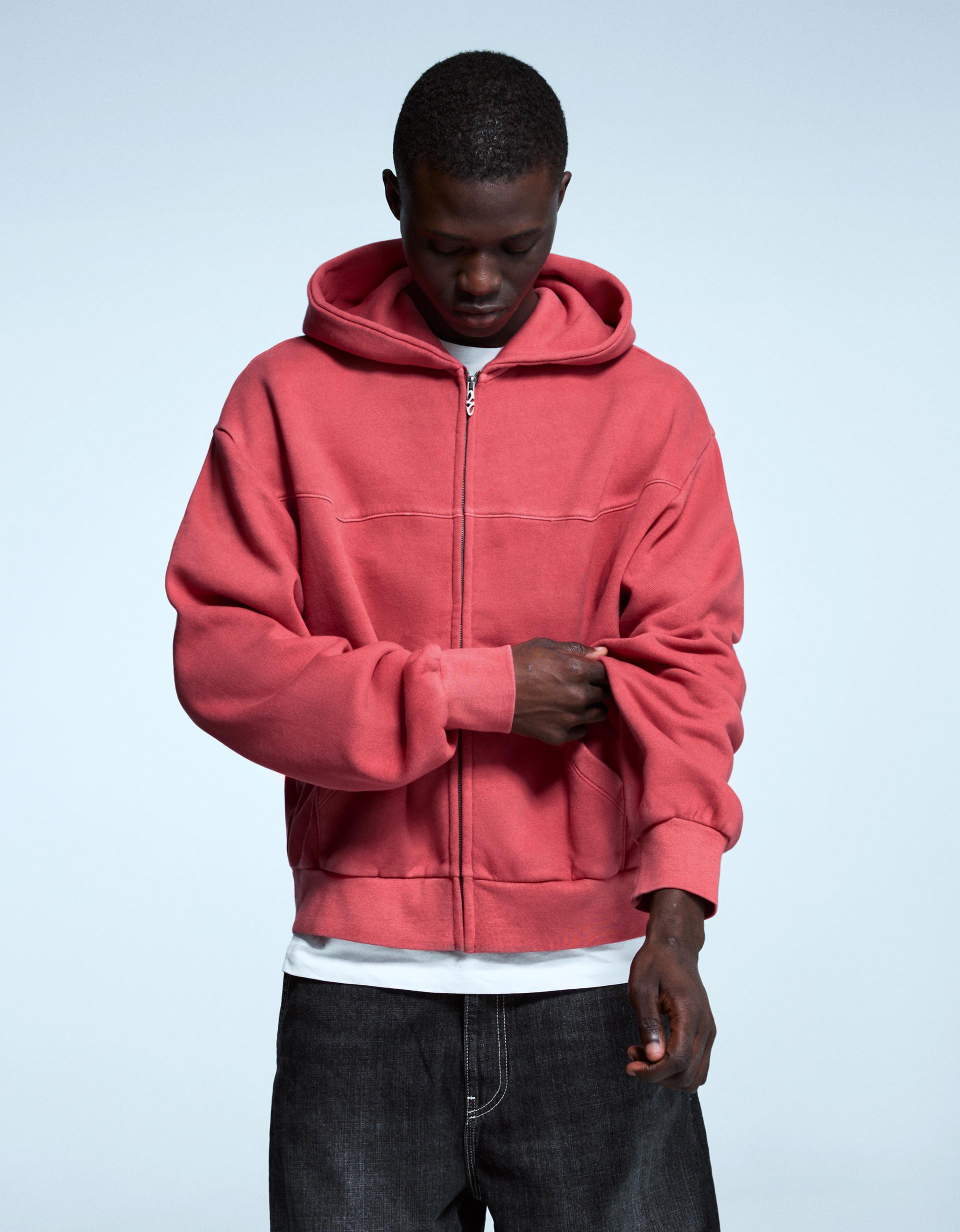 Bershka Washed Zip-Up Hoodie — Red