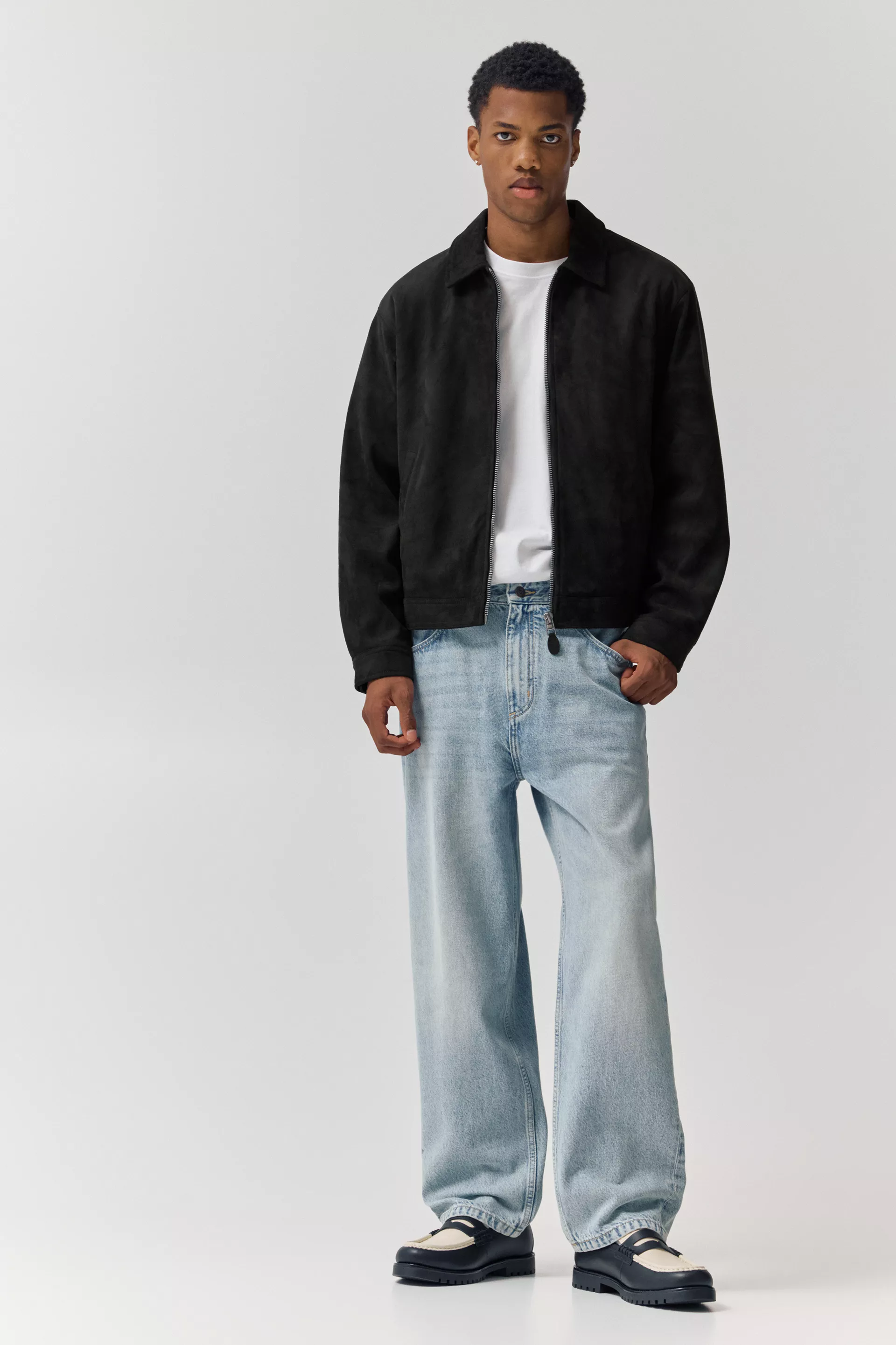 Pull&Bear Faux Suede Zip Jacket — Black