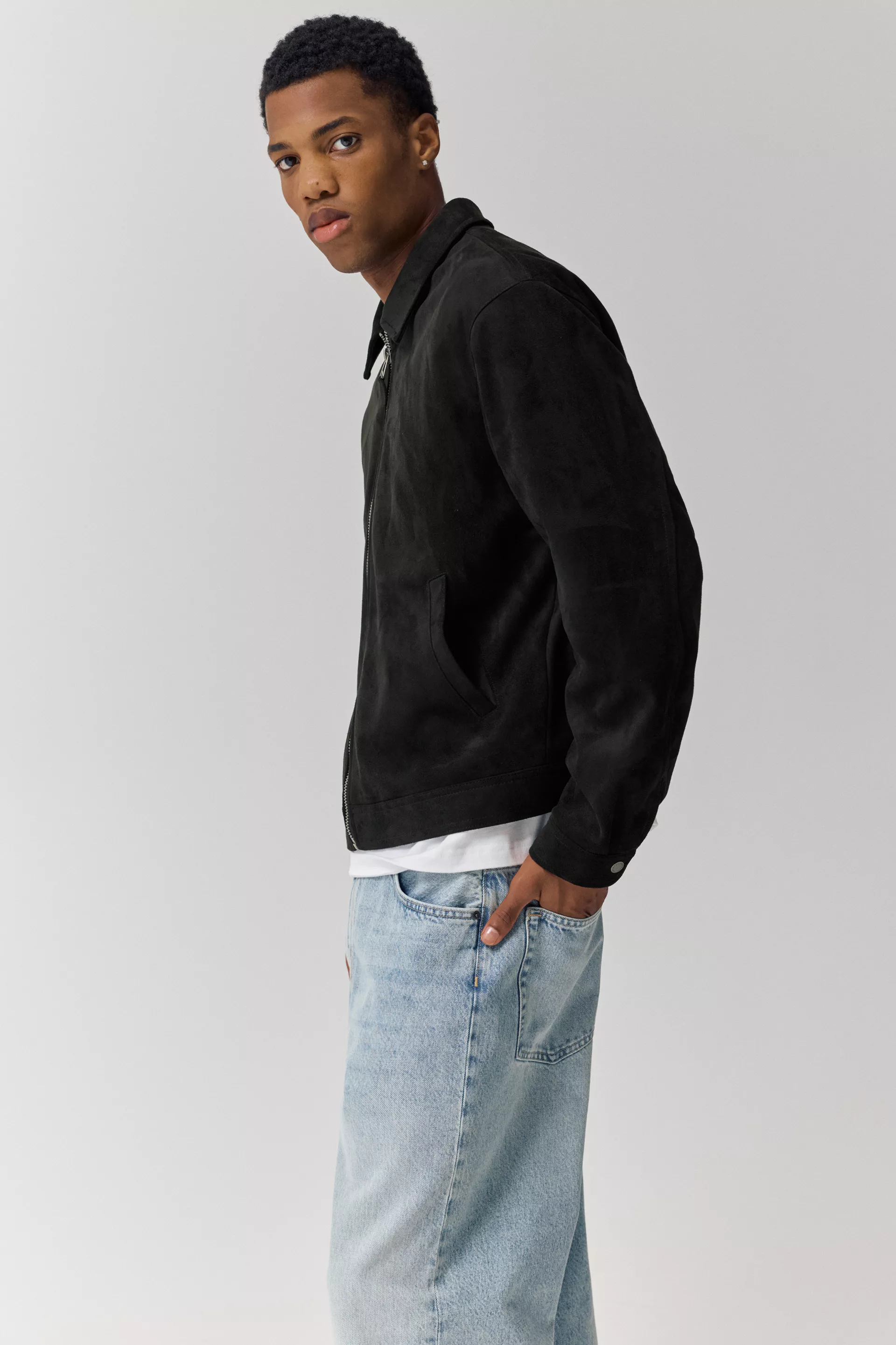 Pull&Bear Faux Suede Zip Jacket — Black
