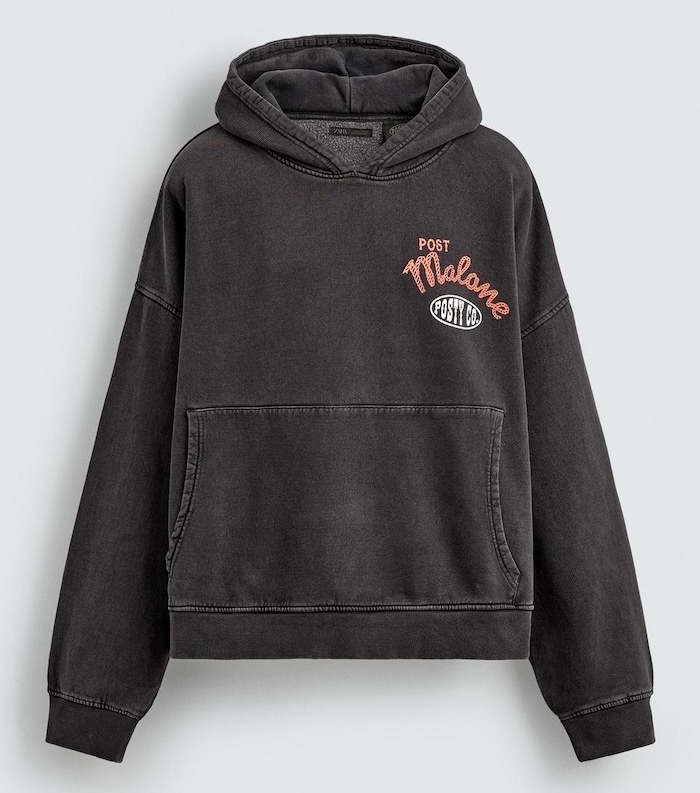 Zara Washed Effect Graphic Hoodie — Dark Grey