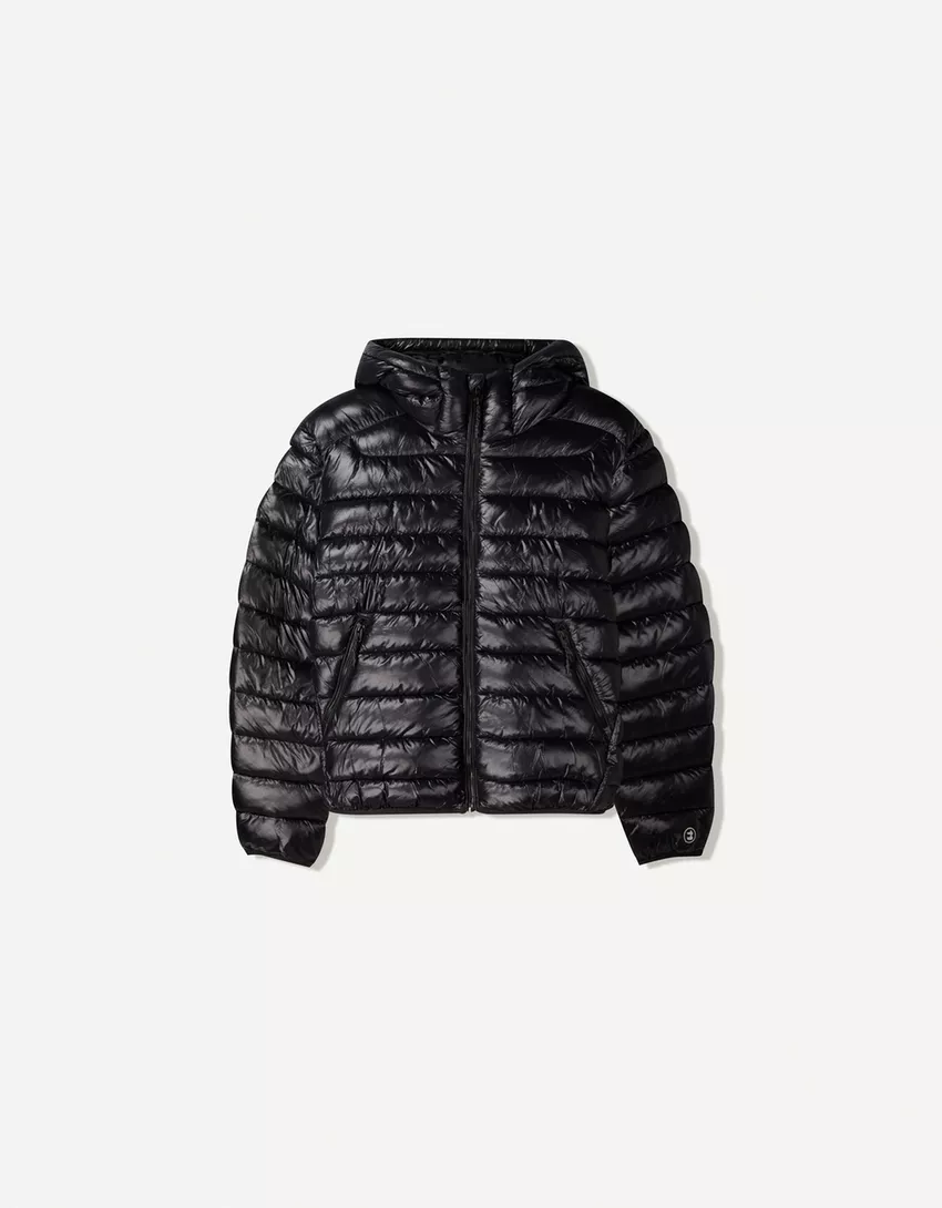 Bershka Shiny Hooded Puffer Jacket — Black
