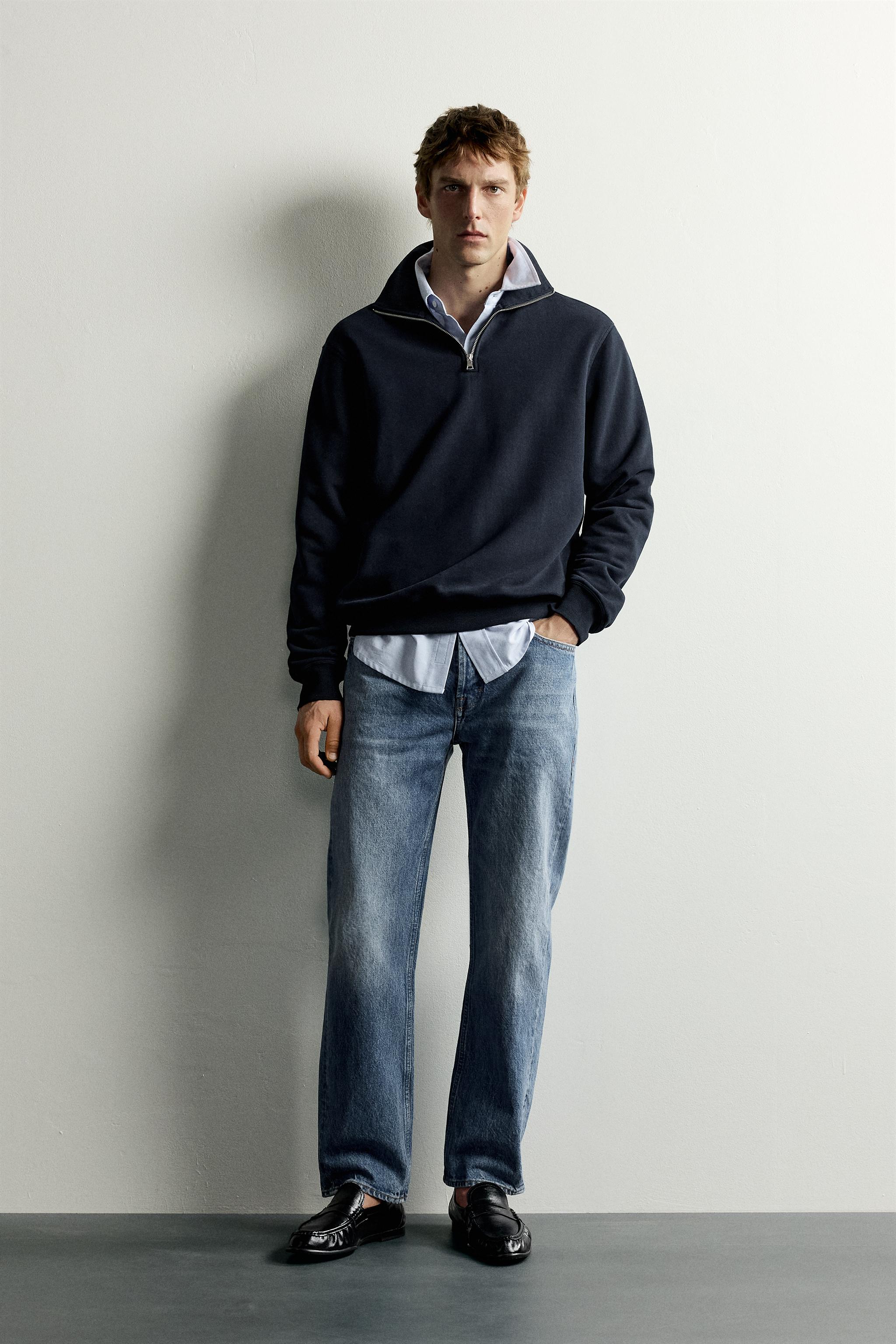 Zara Zip-Neck Cotton Sweatshirt — Navy