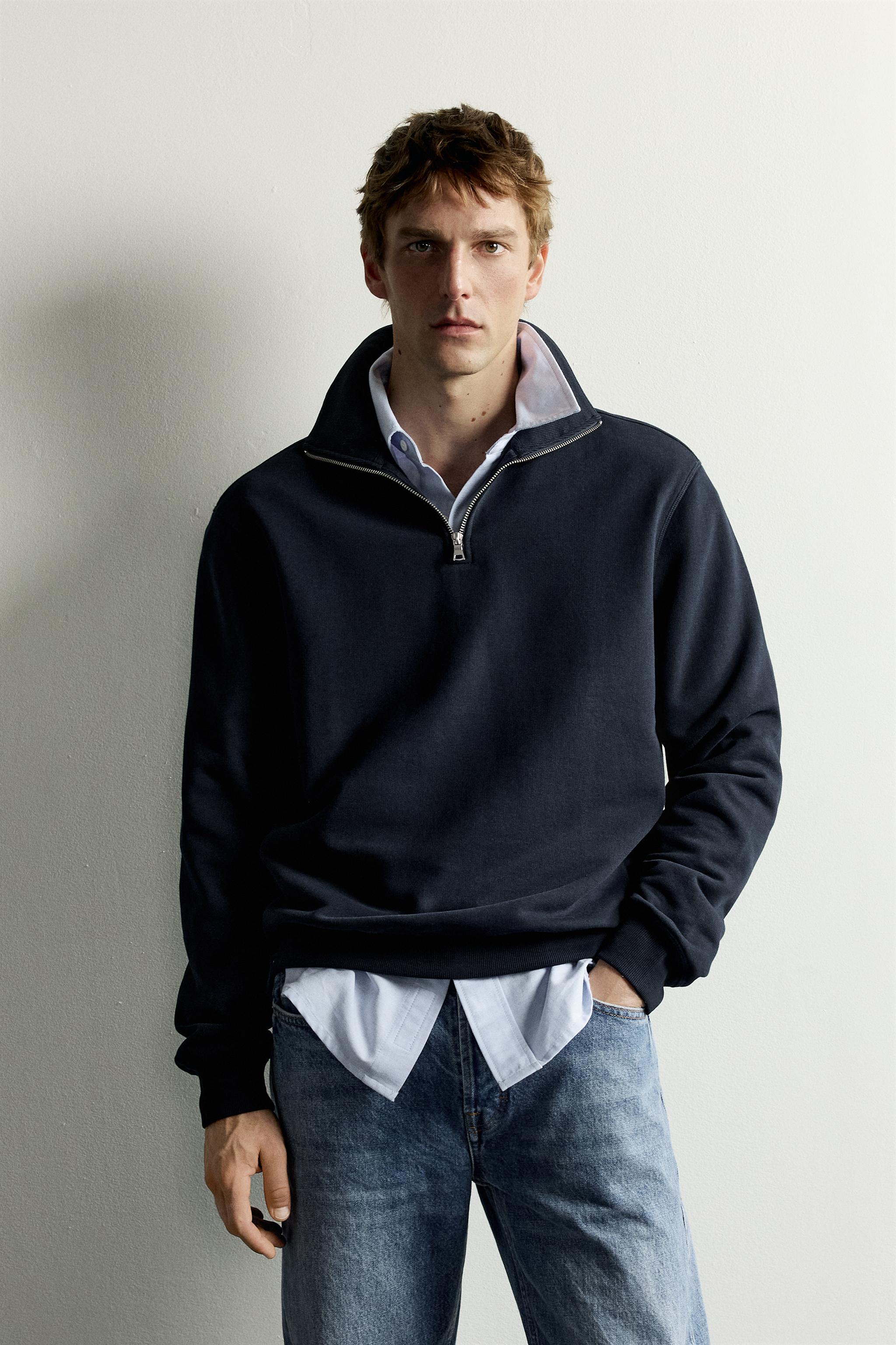 Zara Zip-Neck Cotton Sweatshirt — Navy