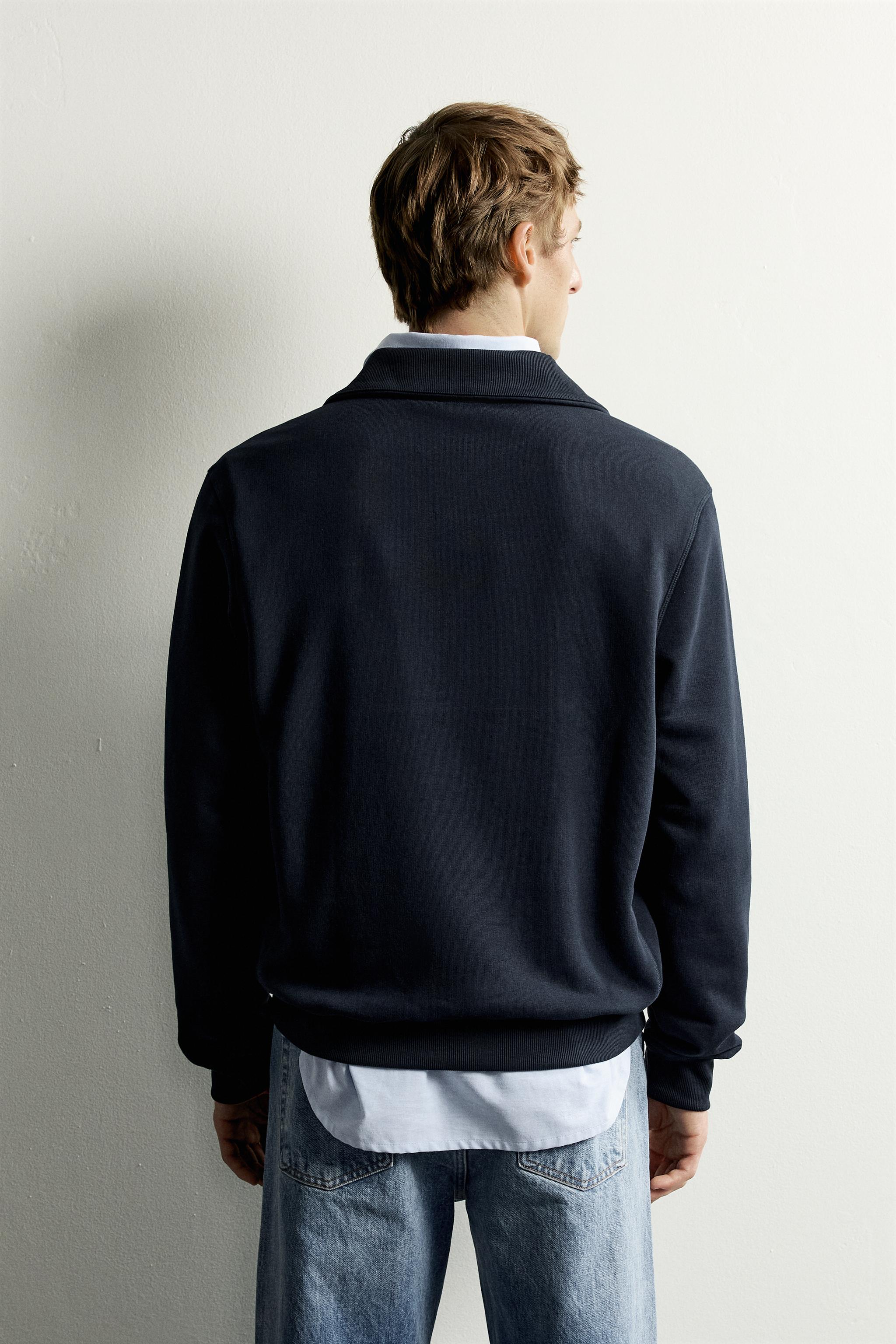 Zara Zip-Neck Cotton Sweatshirt — Navy