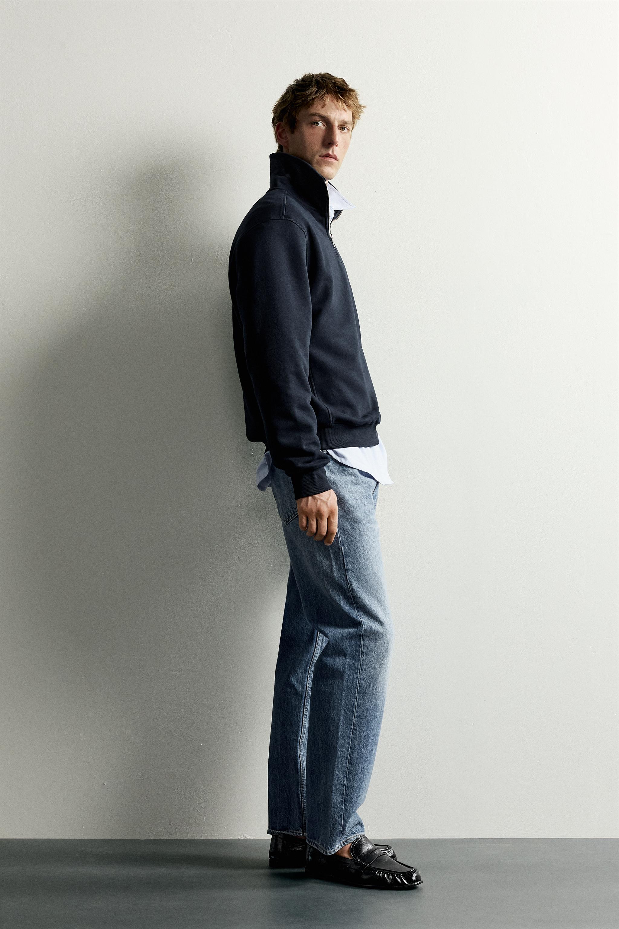 Zara Zip-Neck Cotton Sweatshirt — Navy