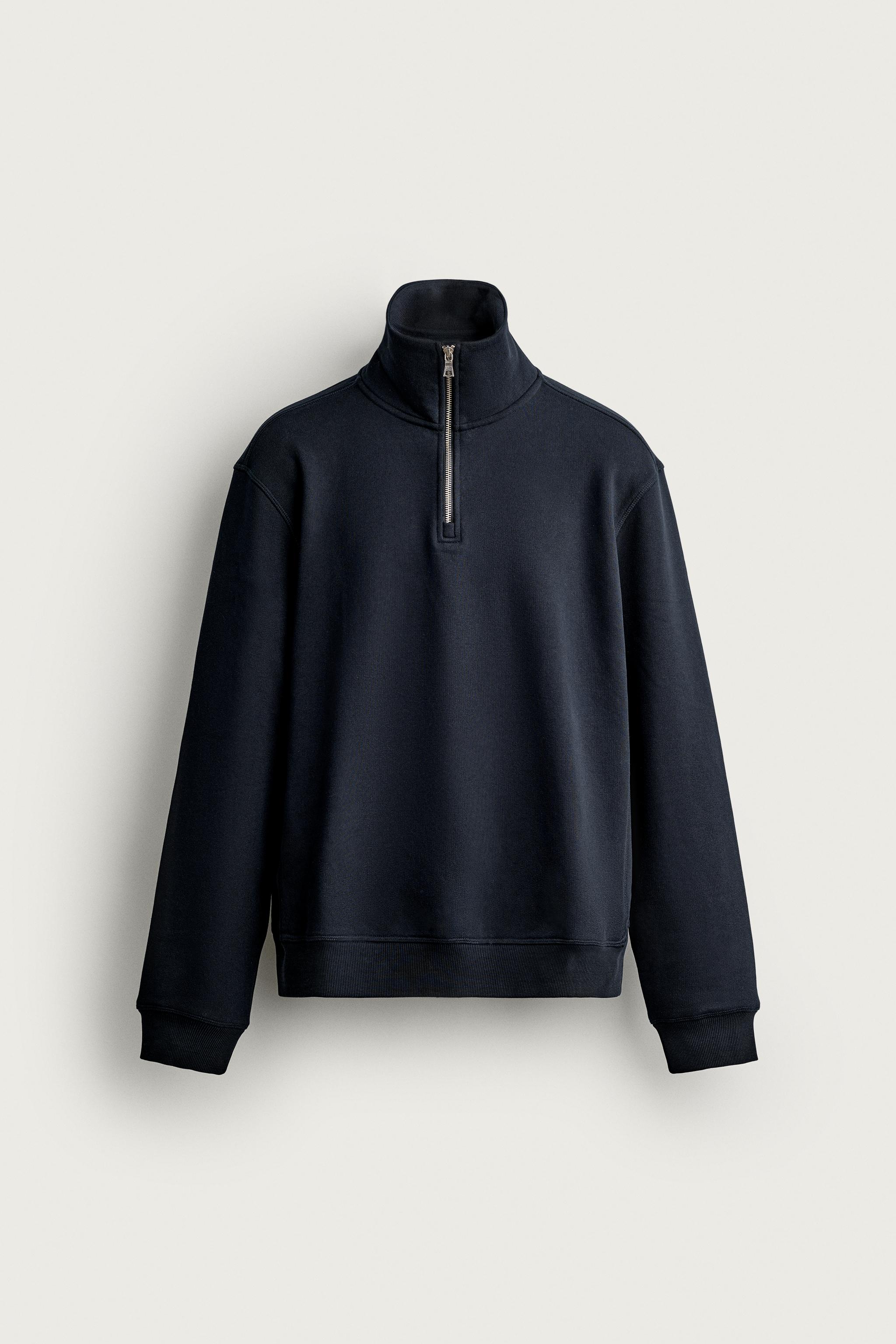 Zara Zip-Neck Cotton Sweatshirt — Navy