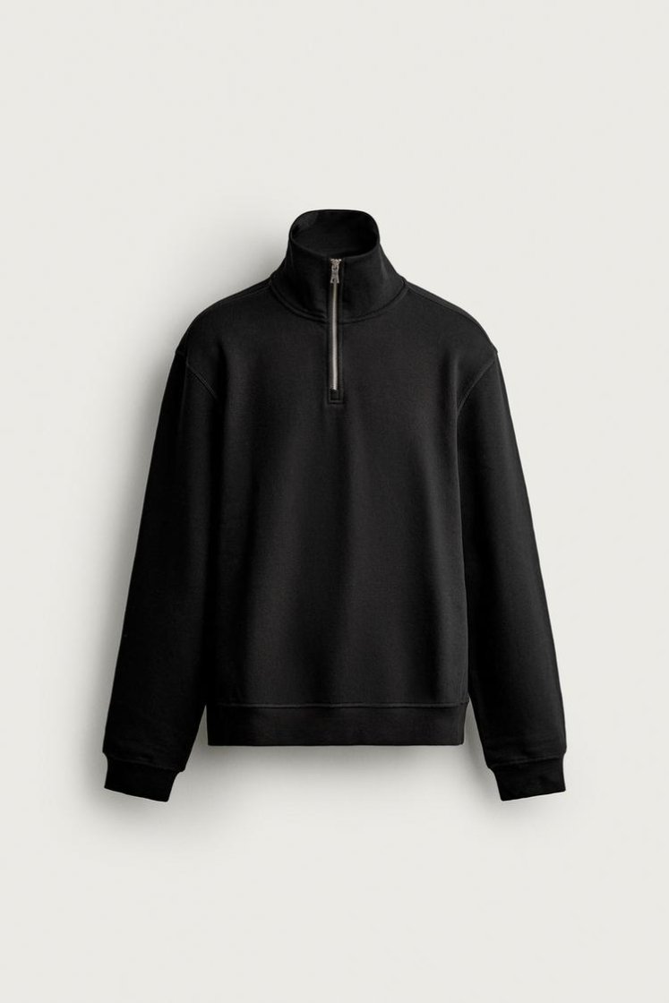 Zara Zip-Neck Cotton Sweatshirt — Black