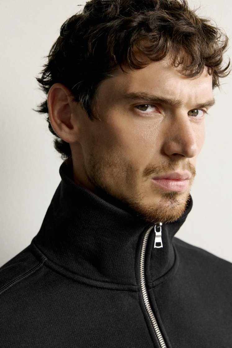 Zara Zip-Neck Cotton Sweatshirt — Black