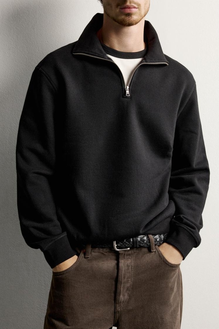 Zara Zip-Neck Cotton Sweatshirt — Black