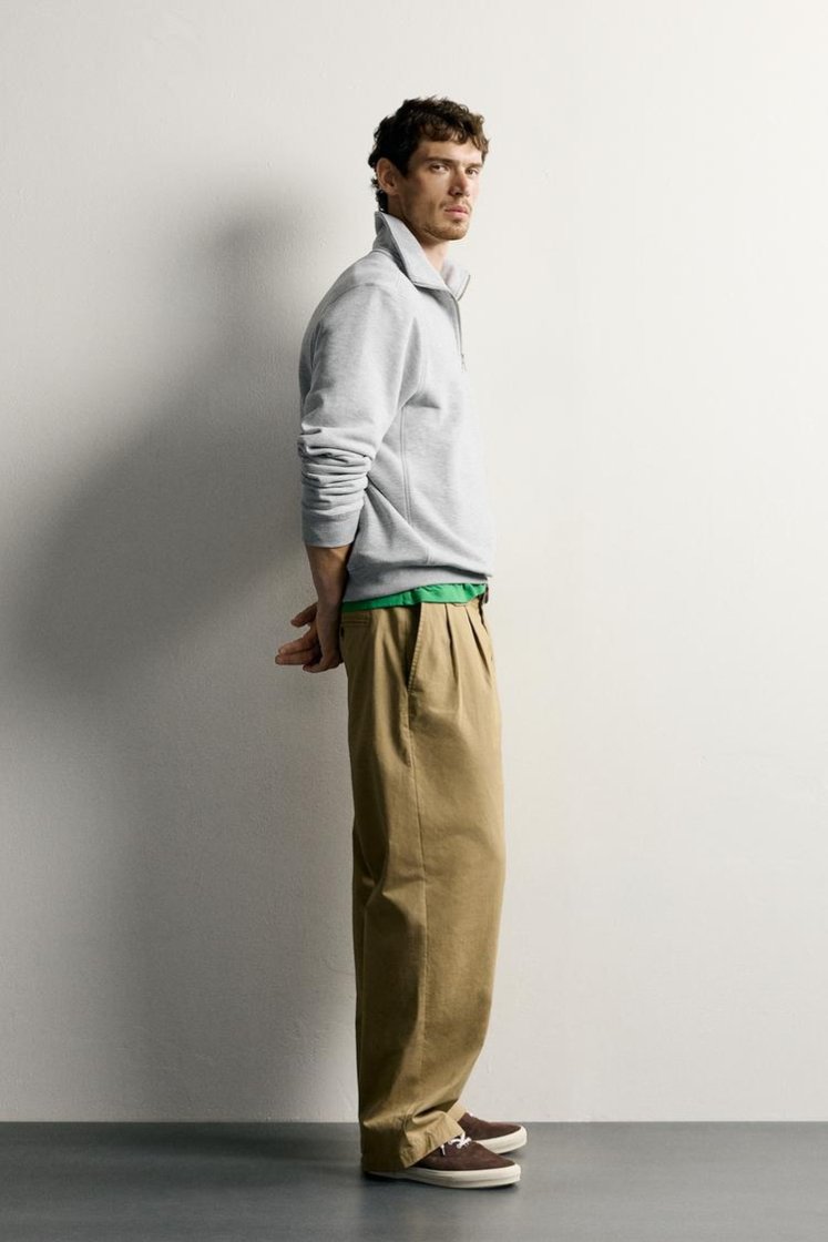 Zara Zip-Neck Cotton Sweatshirt — Light Grey