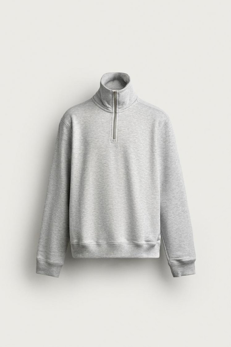 Zara Zip-Neck Cotton Sweatshirt — Light Grey