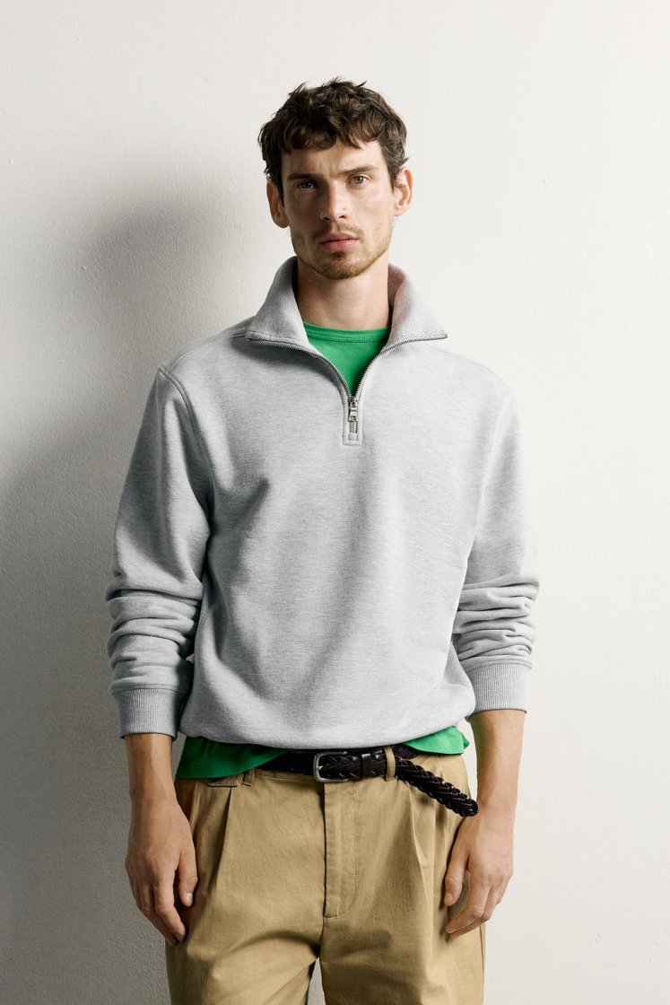 Zara Zip-Neck Cotton Sweatshirt — Light Grey