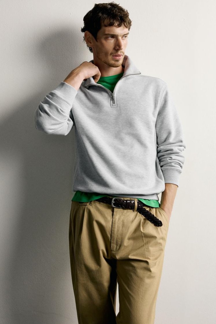 Zara Zip-Neck Cotton Sweatshirt — Light Grey