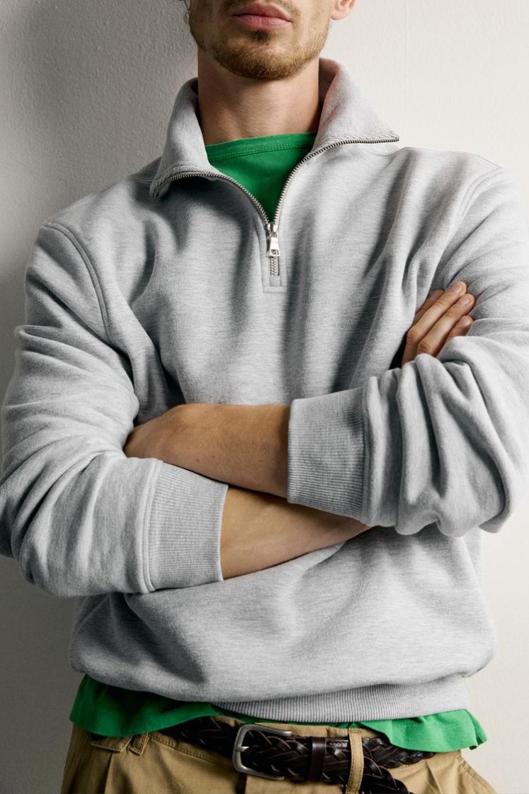 Zara Zip-Neck Cotton Sweatshirt — Light Grey