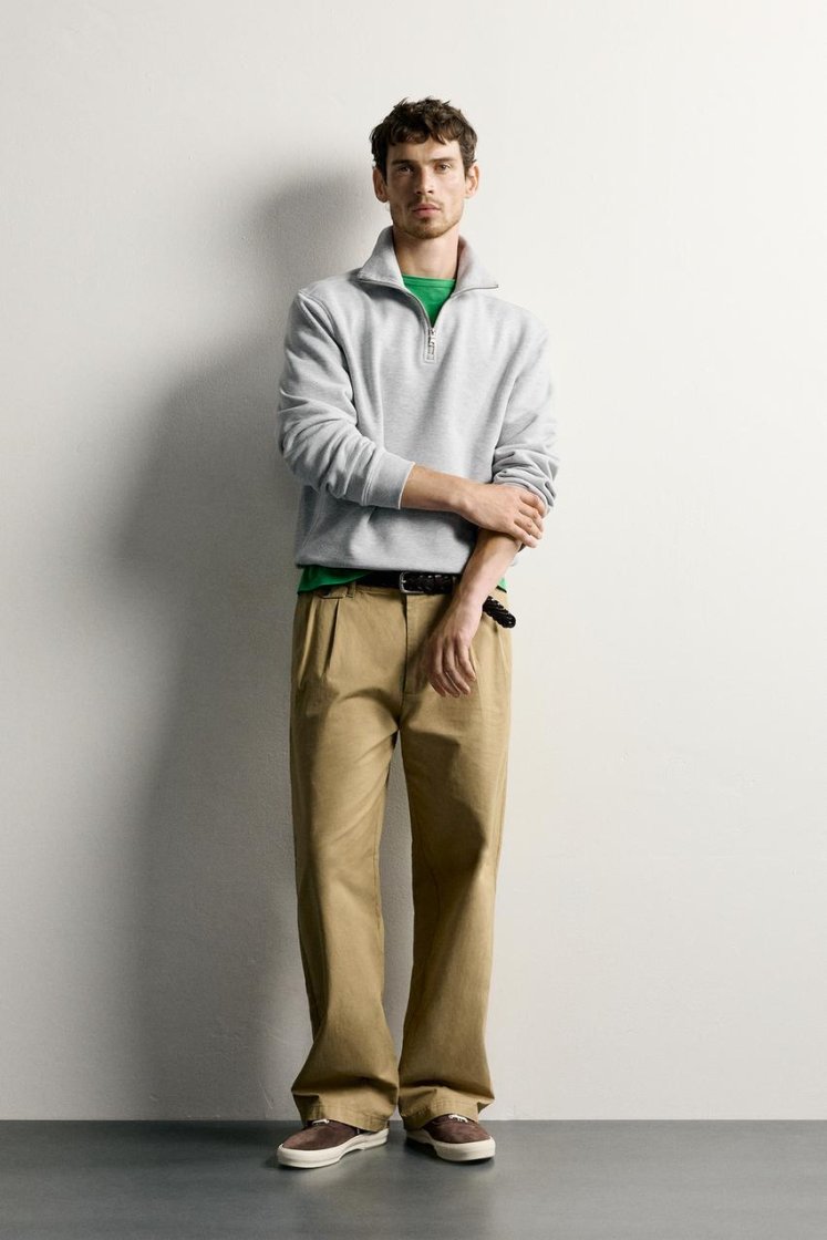 Zara Zip-Neck Cotton Sweatshirt — Light Grey