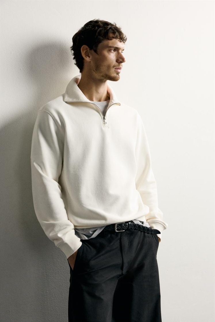 Zara Zip-Neck Cotton Sweatshirt — Off White