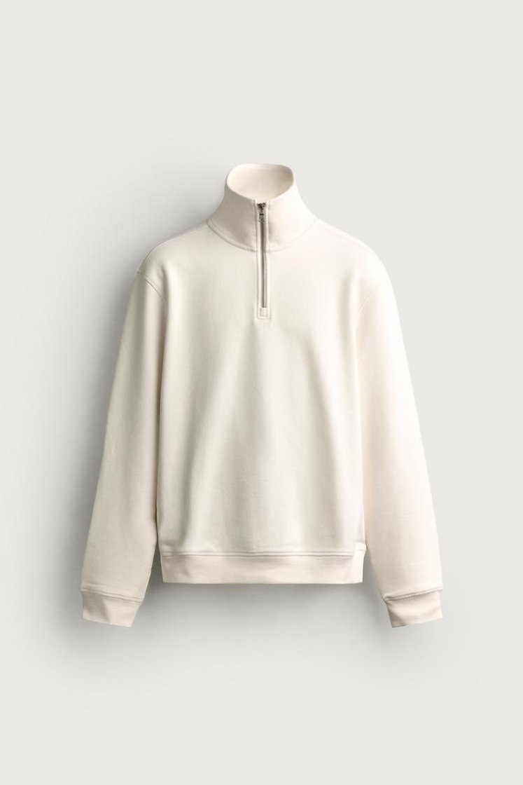 Zara Zip-Neck Cotton Sweatshirt — Off White