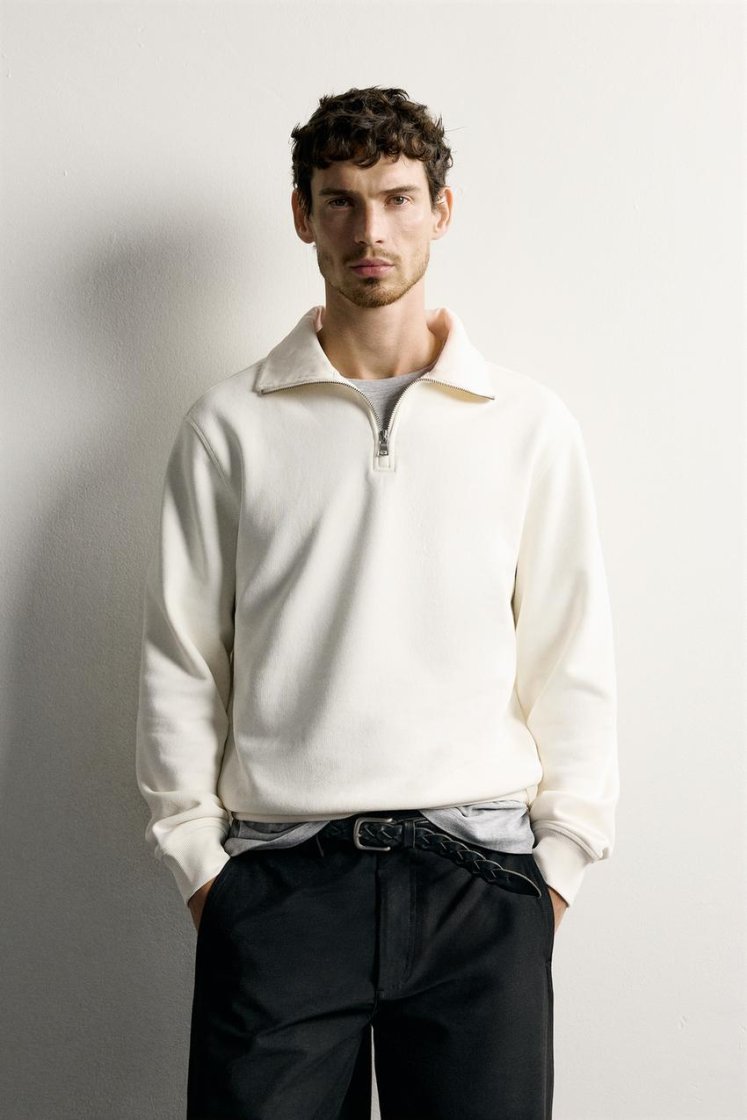 Zara Zip-Neck Cotton Sweatshirt — Off White