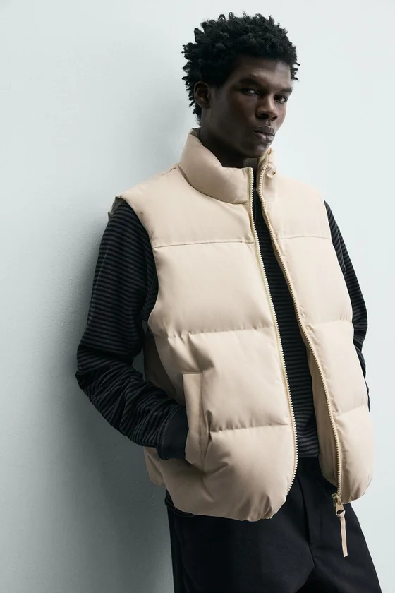 Zara Quilted Classic Vest Camel — Ivory