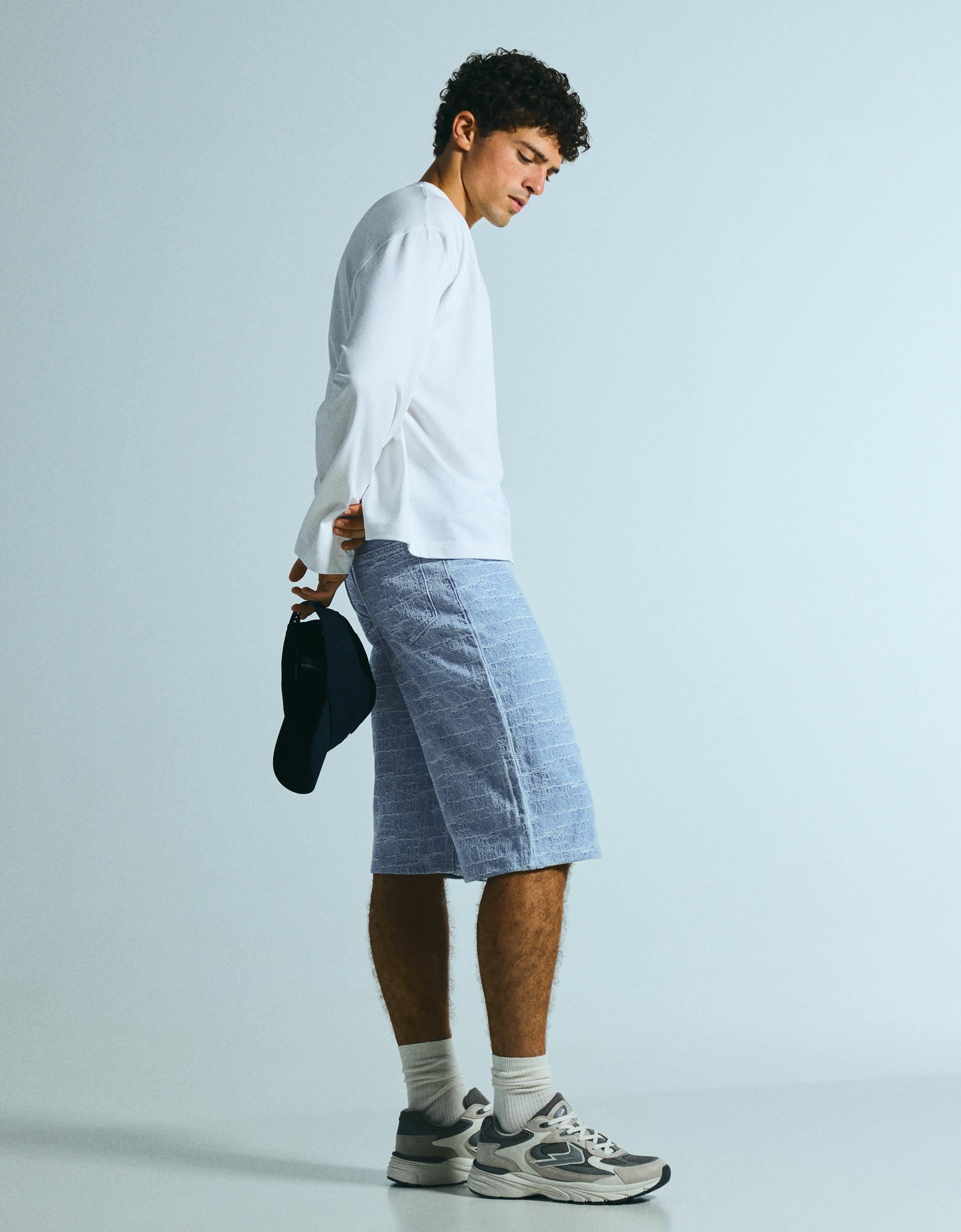 Bershka Super baggy textured denim Bermuda shorts