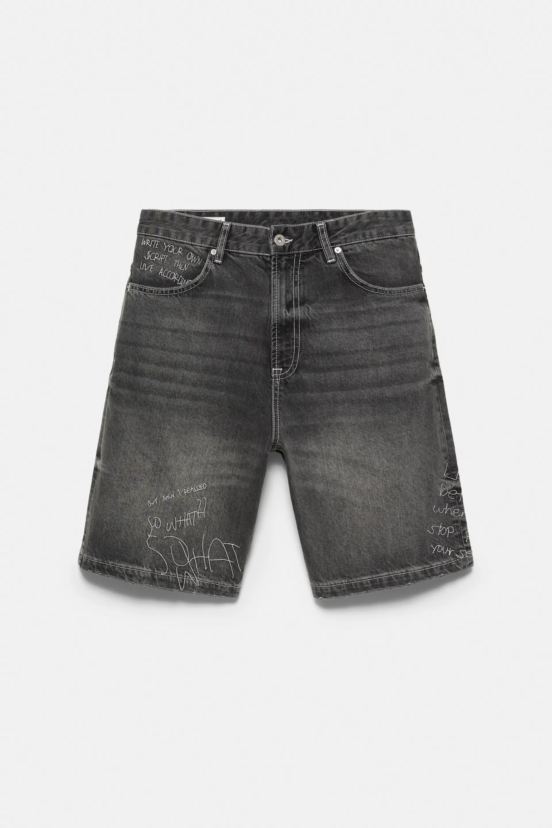 Pull&Bear Baggy Embroidered Denim Bermuda — Charcoal