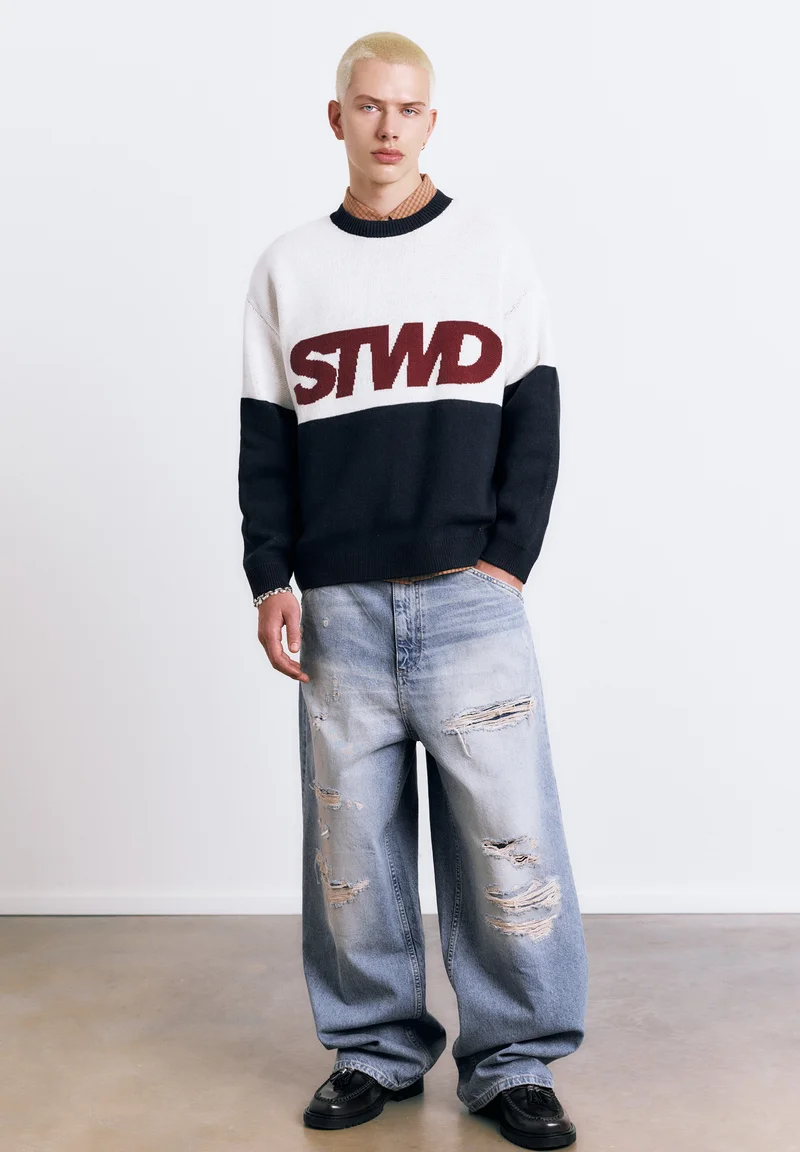 Pull&Bear Color Block Knit Sweater — Off White