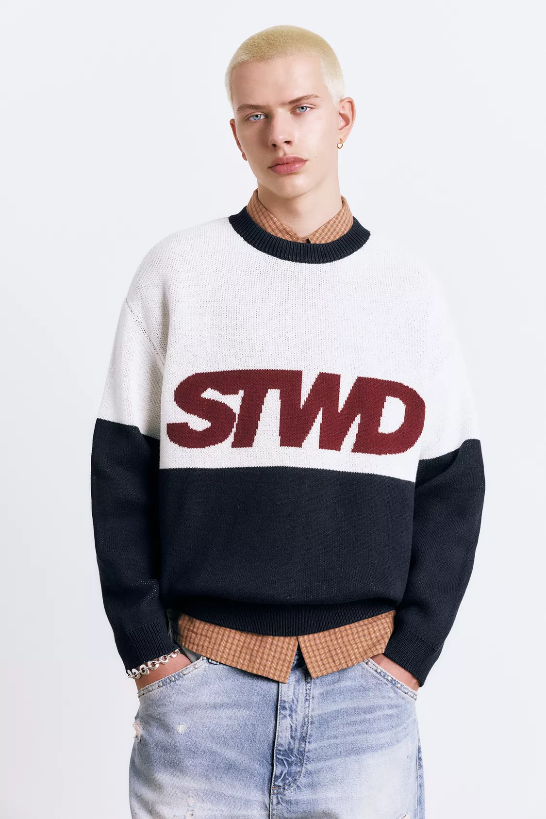 Pull&Bear Color Block Knit Sweater — Off White