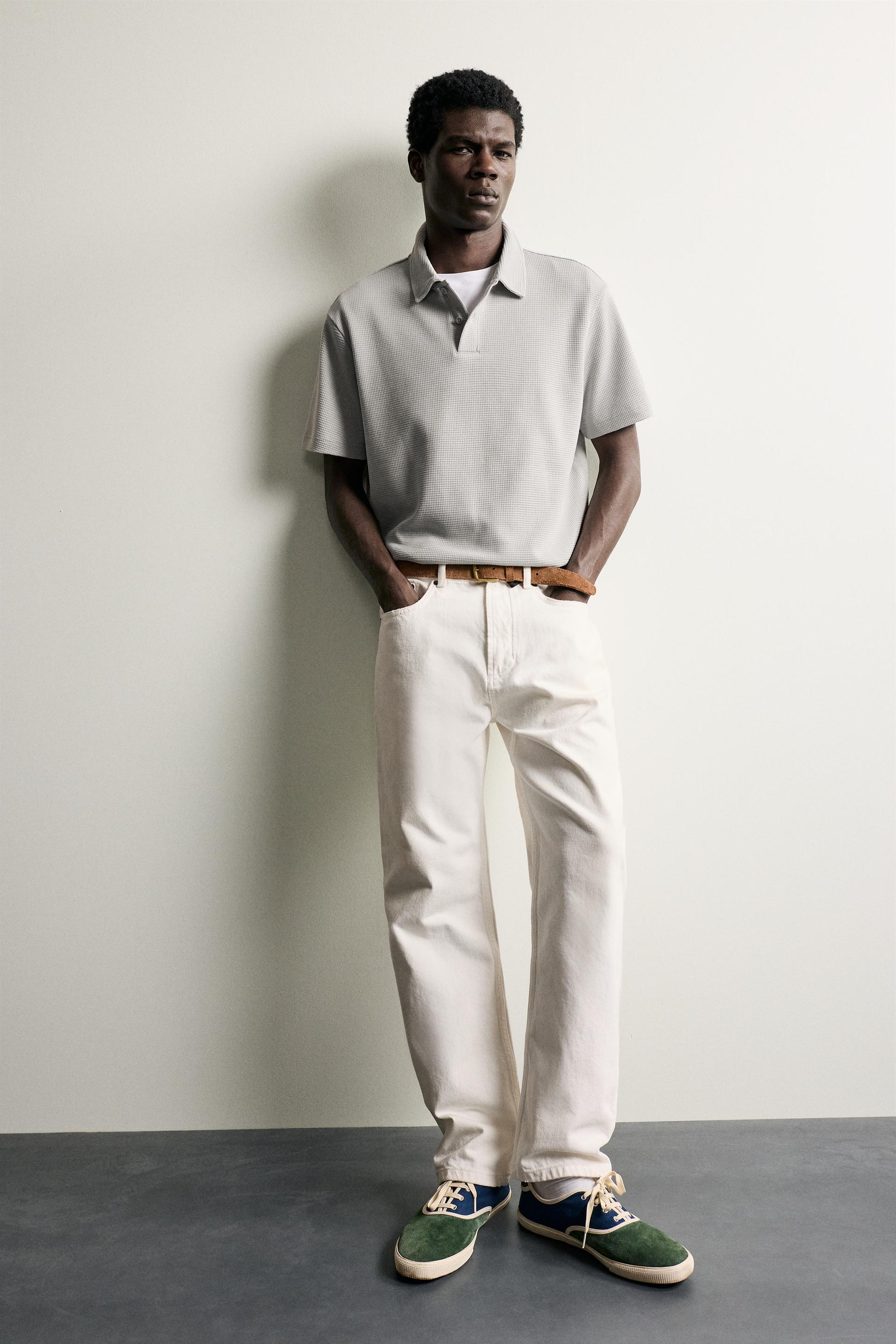 Zara Waffle-Texture Polo Shirt — Gri perlă